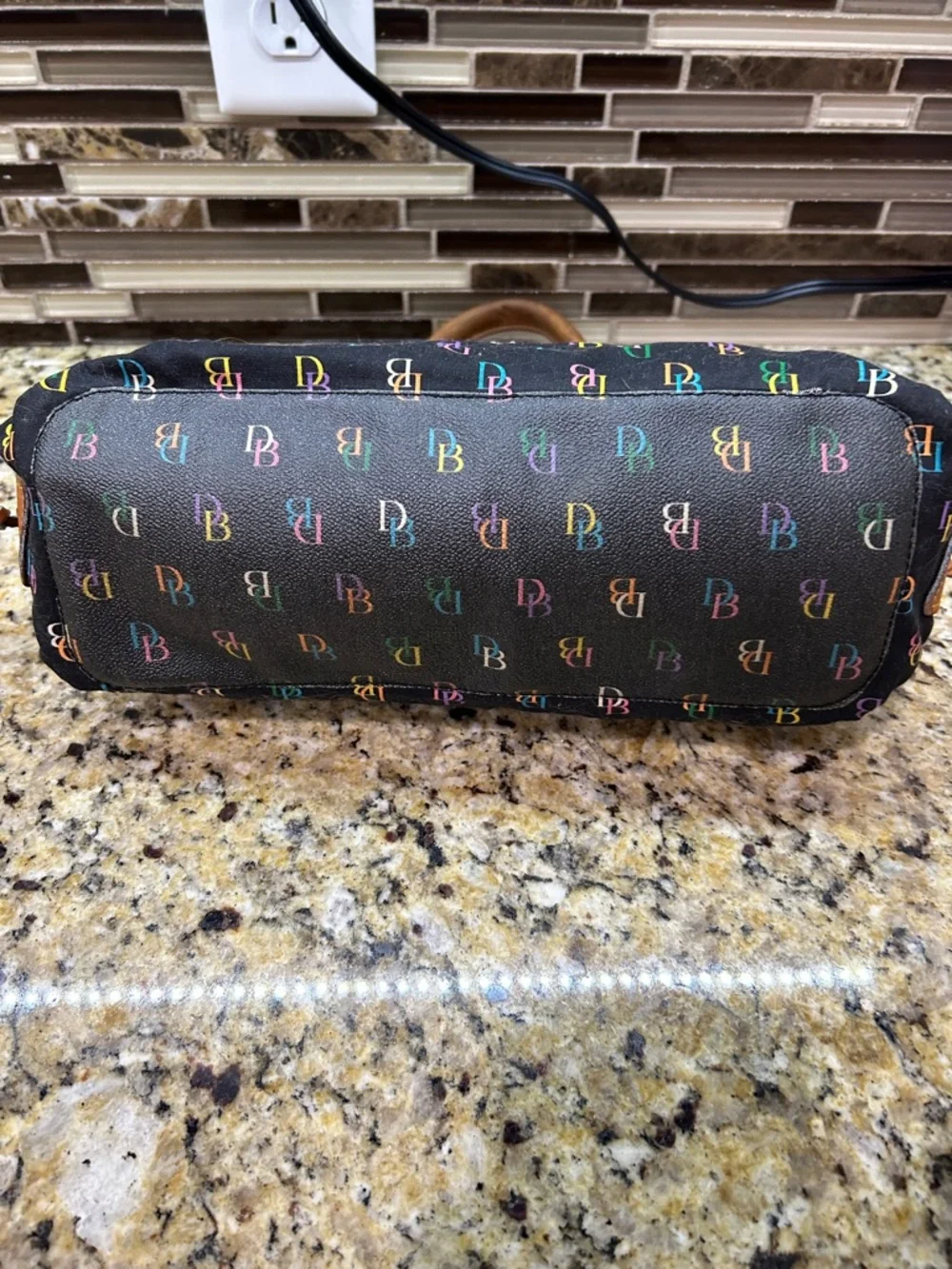 Dooney & Bourke Uncoated Black Multicolor DB Logo Tote with Tan Leather Handles